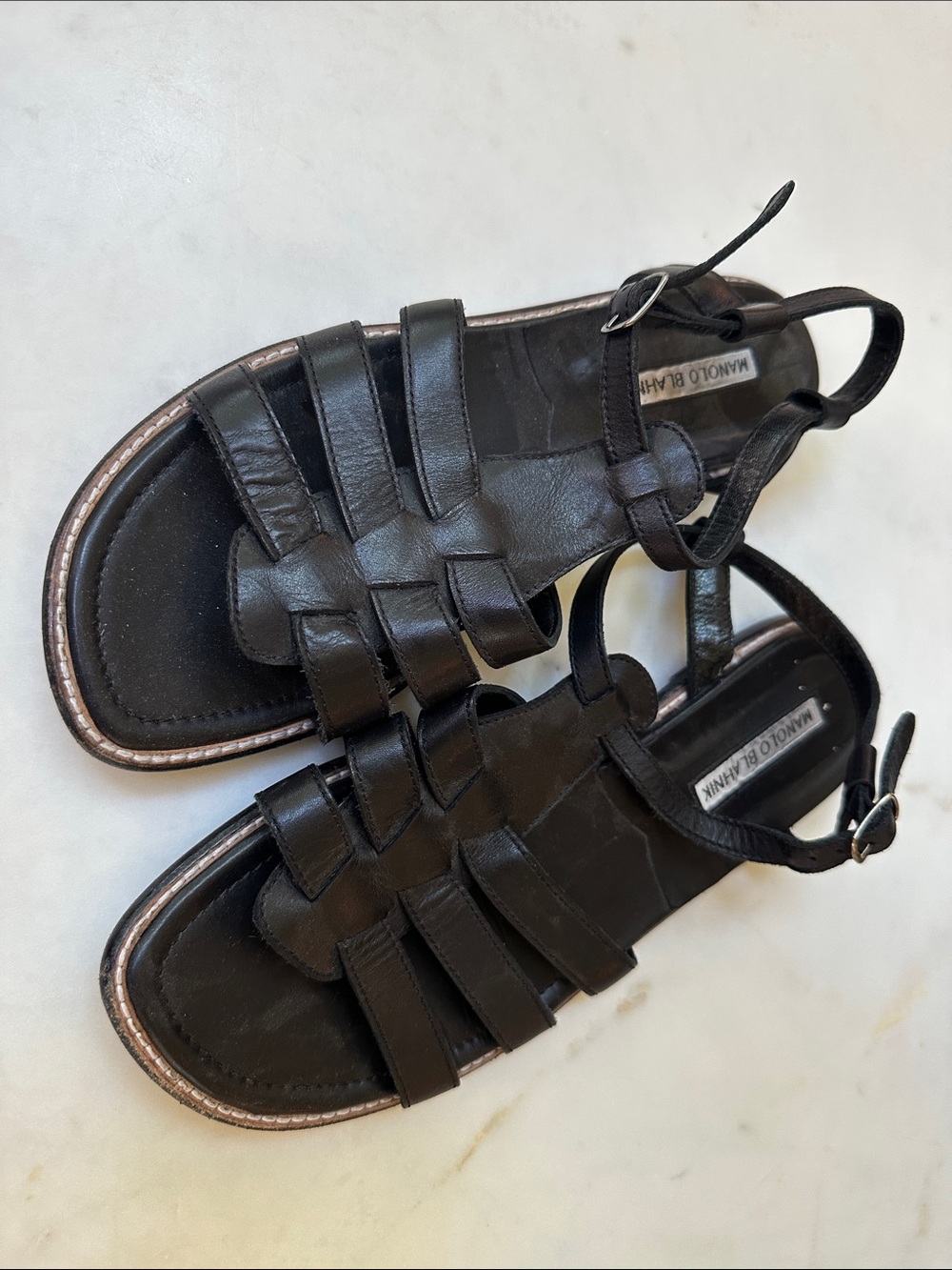 Manolo Blahnik Black Leather Strappy Gladiator Sandals